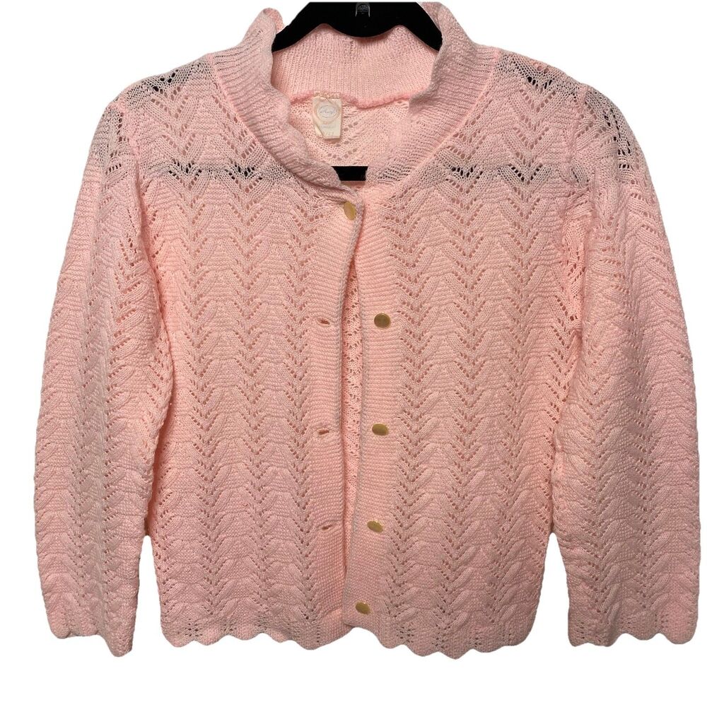 Vtg Lace-Knit Cardigan Sweater Pearl Buttons Italy Scalloped Womens 40/42 M Pink